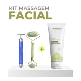 Kit Massagem Facial - Smart Vibra Massageador + Rolo Massageador de Jade Verde + Creme Neutro - Smart GR